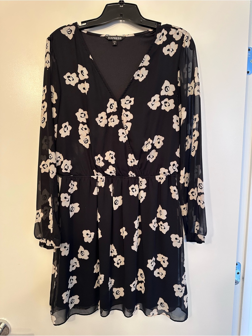 Express Black Floral Wrap-Front Long Sleeve Dress
